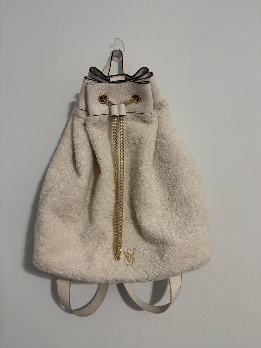 Victoria’s Secret Cream Sherpa Drawstring Backpack with Gold Chain Accent